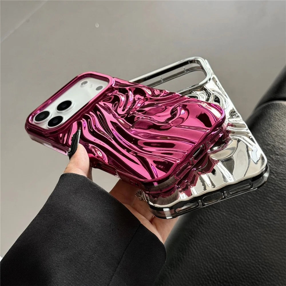 For iPhone 17 Pro Case Wrinkled Glossy Electroplated TPU Phone Back Cover - Pink - 2
