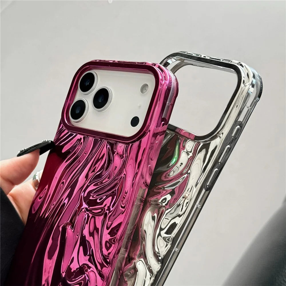 For iPhone 17 Pro Case Wrinkled Glossy Electroplated TPU Phone Back Cover - Pink - 3