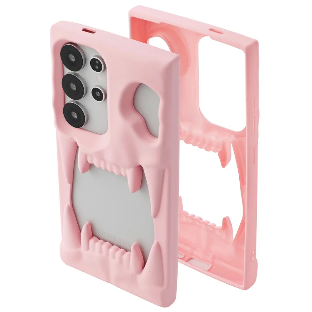 For Samsung Galaxy S25 Ultra Case Hollow Skull Tiger Tooth Design Rubberized TPU Phone Cover - Pink - 2