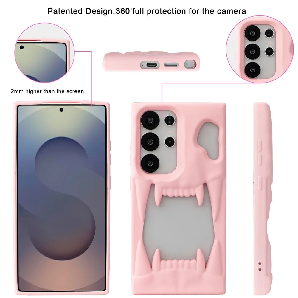 For Samsung Galaxy S25 Ultra Case Hollow Skull Tiger Tooth Design Rubberized TPU Phone Cover - Pink - 3