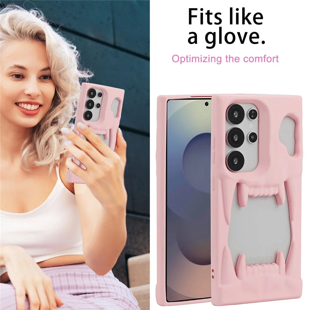 For Samsung Galaxy S25 Ultra Case Hollow Skull Tiger Tooth Design Rubberized TPU Phone Cover - Pink - 4