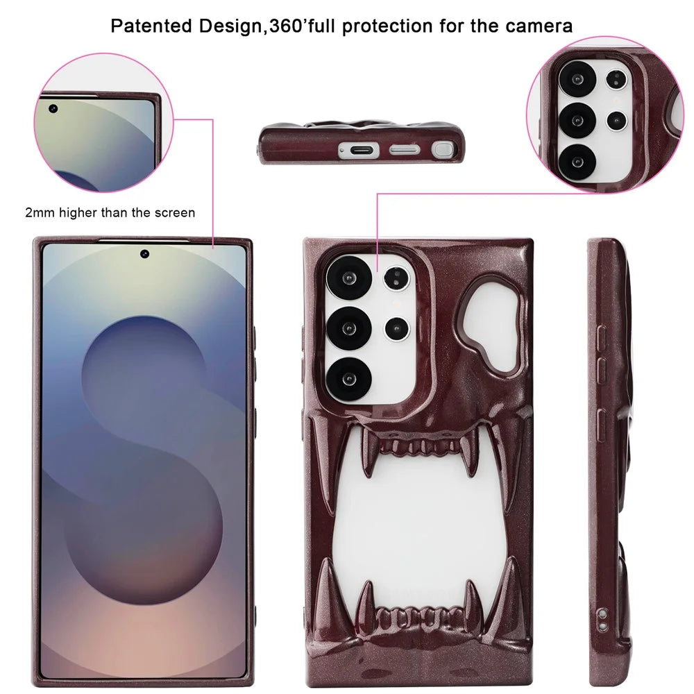 For Samsung Galaxy S24 Ultra Case Hollow Skull Tiger Tooth Design Glitter TPU Phone Cover - Tan - 3