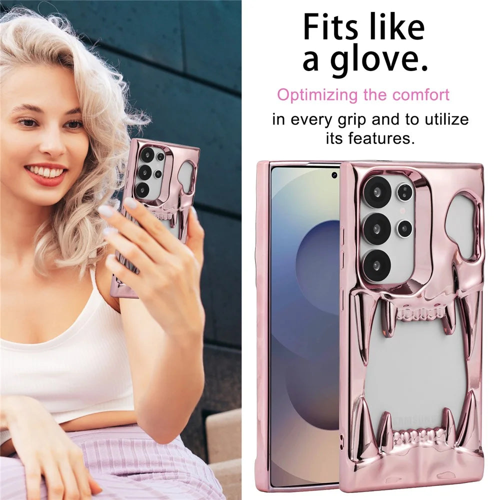 For Samsung Galaxy S25 Ultra Case Hollow Skull Tiger Tooth Design Electroplated TPU Phone Cover - Pink - 4