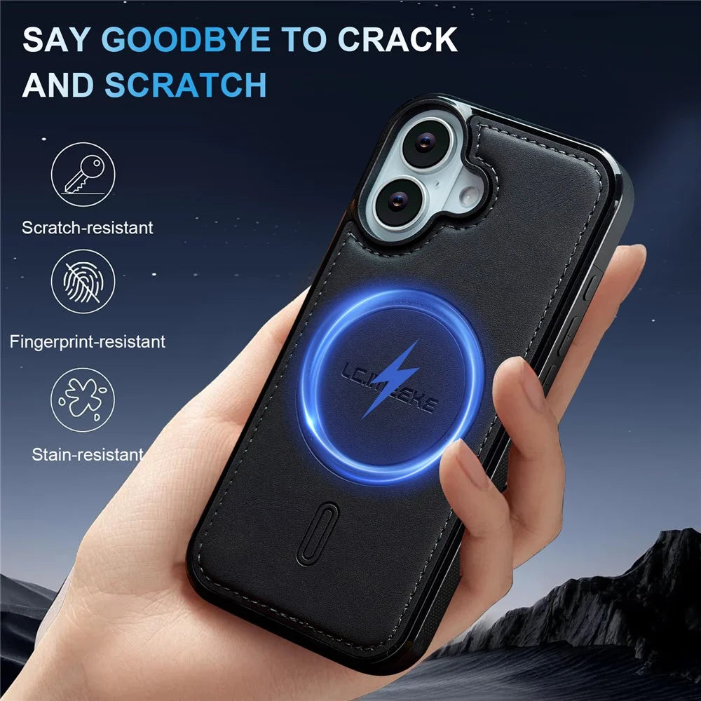 LC.IMEEKE L6 For iPhone 16 Plus Case PU Leather Coated PC TPU Phone Cover Compatible with MagSafe - Black - 4