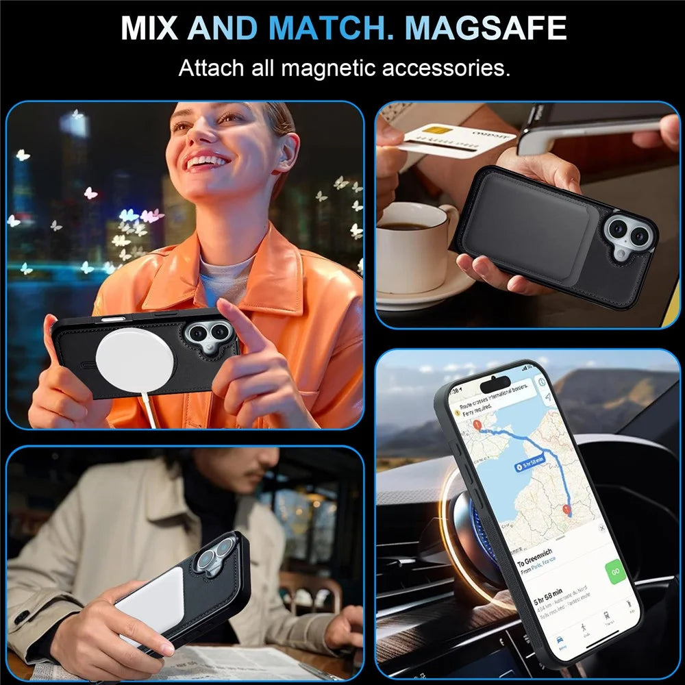 LC.IMEEKE L6 For iPhone 16 Plus Case PU Leather Coated PC TPU Phone Cover Compatible with MagSafe - Black - 6