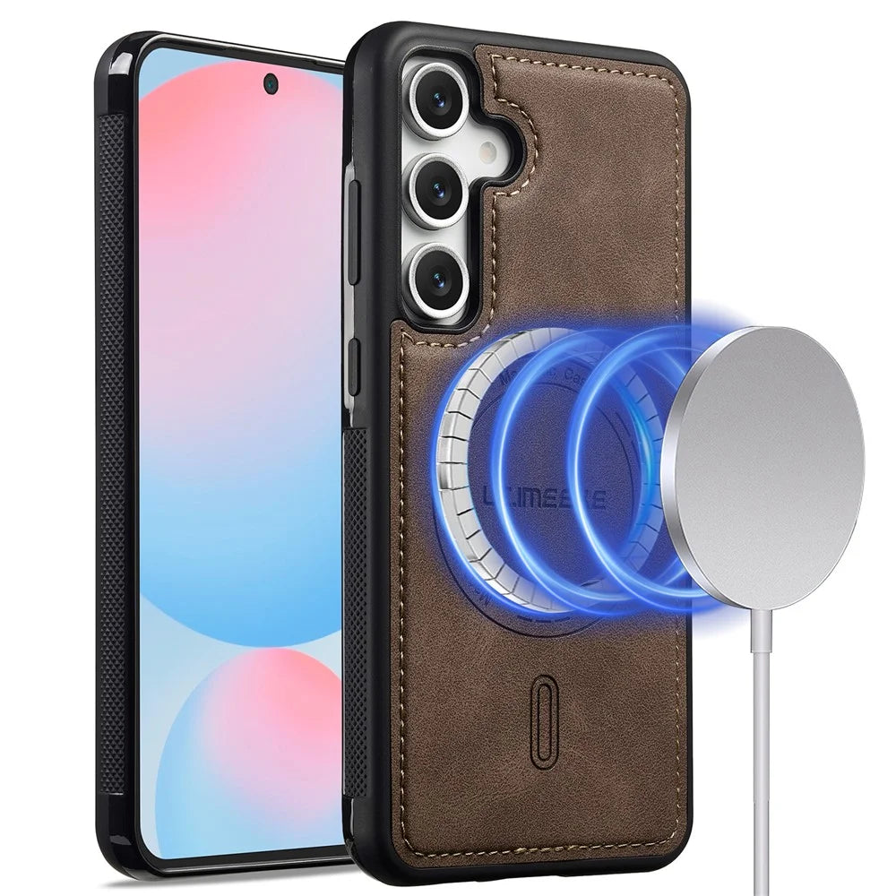 LC.IMEEKE L6 For Samsung Galaxy S25+ Magnetic Case PU Leather Coated PC TPU Phone Cover - Coffee - 1