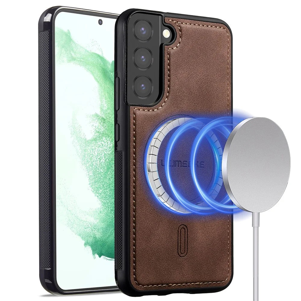 LC.IMEEKE L6 For Samsung Galaxy S22 5G Case PU Leather Coated PC TPU Phone Cover Magnetic Case - Coffee - 1