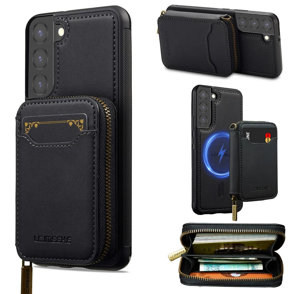 LC.IMEEKE L6 For Samsung	Galaxy S21 FE 5G Magnetic Case Detachable Zipper Wallet Leather Coated PC + TPU Phone Cover - Black - 1