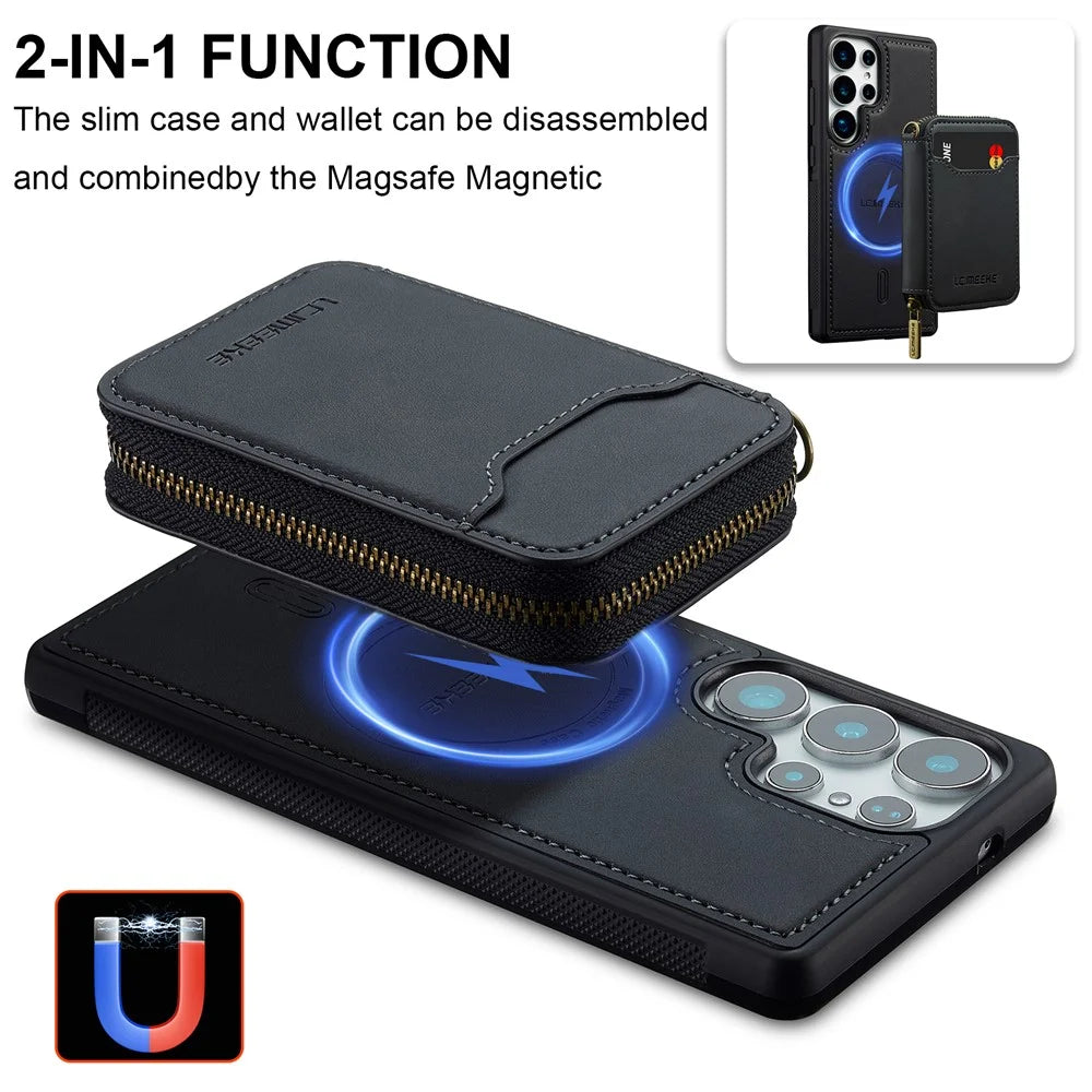 LC.IMEEKE L6 For Samsung	Galaxy S22 Ultra 5G Magnetic Case Detachable Zipper Wallet Leather Coated PC + TPU Phone Cover - Black - 6