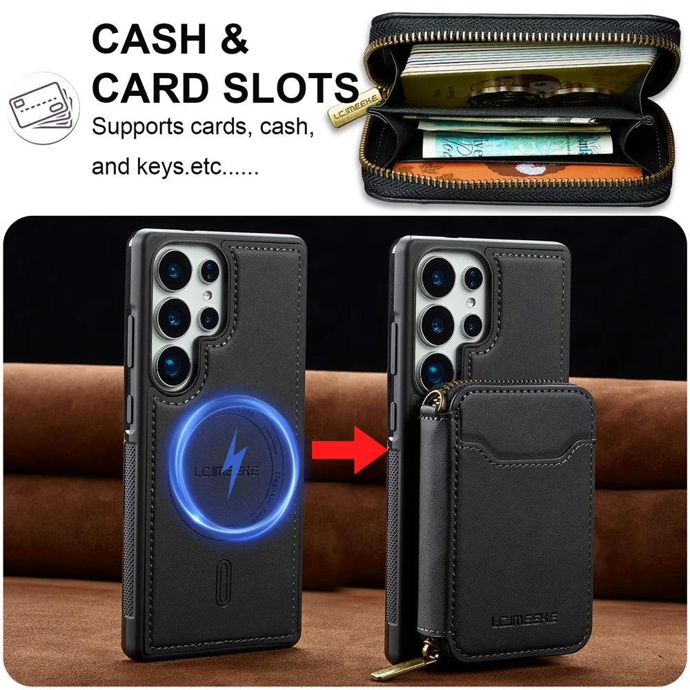 LC.IMEEKE L6 For Samsung	Galaxy S23 Ultra Magnetic Case Detachable Zipper Wallet Leather Coated PC + TPU Phone Cover - Black - 7