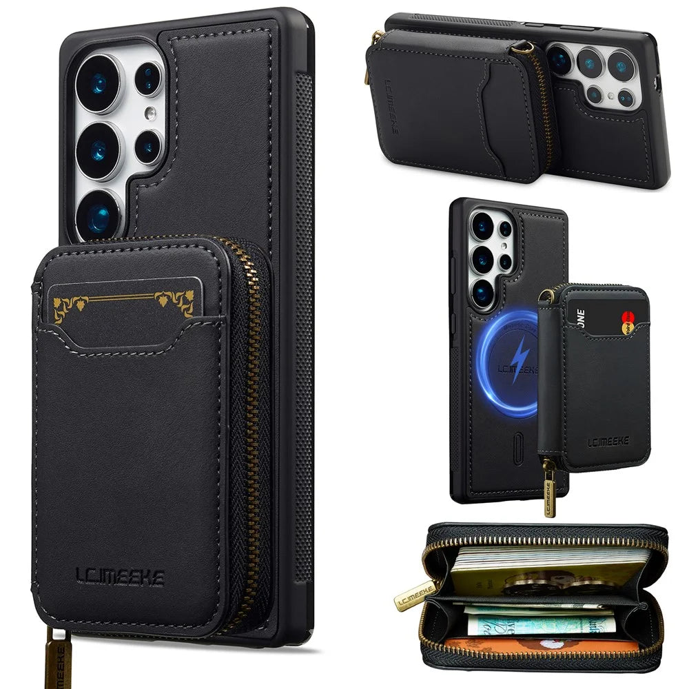 LC.IMEEKE L6 For Samsung Galaxy S24 Ultra Magnetic Case Detachable Zipper Wallet Leather Coated PC + TPU Phone Cover - Black - 1