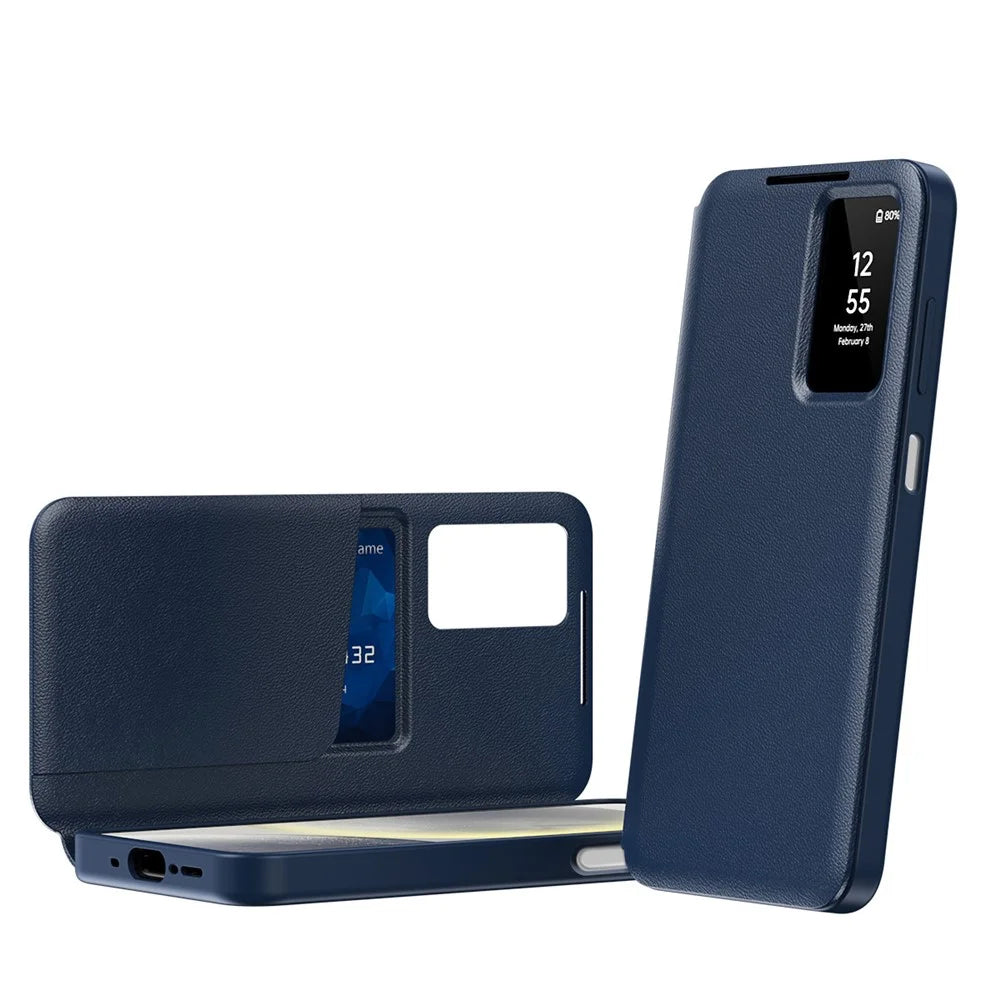 For Samsung Galaxy A17 4G / 5G Case with Card Holder Smart View Window Leather Phone Cover - Sapphire - 2
