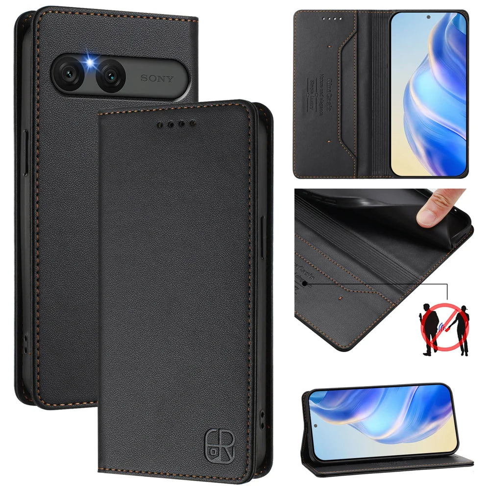 For Sony Xperia 10 VII Leather Case RINACASIS RC01 Phone Cover with RFID Blocking Wallet Stand - Black - 2