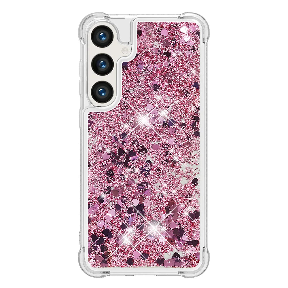 For Samsung Galaxy S26 FE / S25 FE TPU Case Glitter Quicksand Shockproof Phone Back Cover - Rose Gold / Hearts - 3