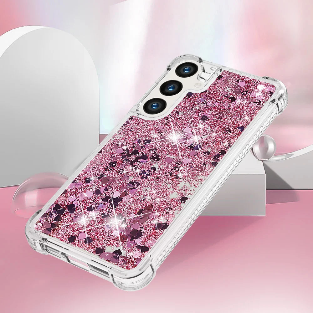 For Samsung Galaxy S26 FE / S25 FE TPU Case Glitter Quicksand Shockproof Phone Back Cover - Rose Gold / Hearts - 5