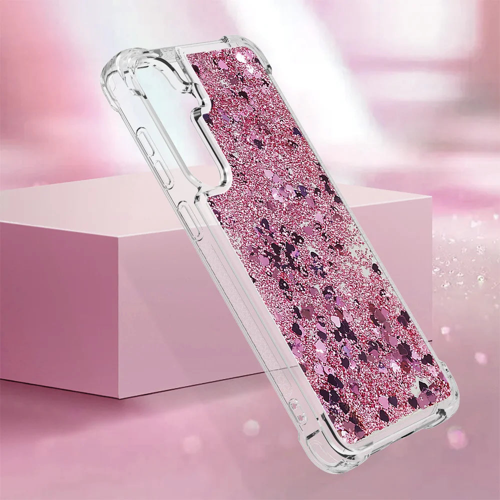 For Samsung Galaxy S26 FE / S25 FE TPU Case Glitter Quicksand Shockproof Phone Back Cover - Rose Gold / Hearts - 6