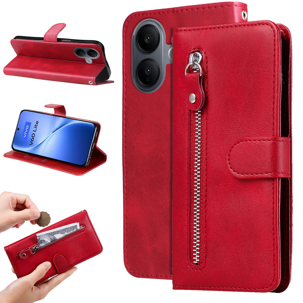 For vivo V60 Lite 5G PU Leather Cases with Zipper Pocket Wallet Phone Cover Stand - Red - 2