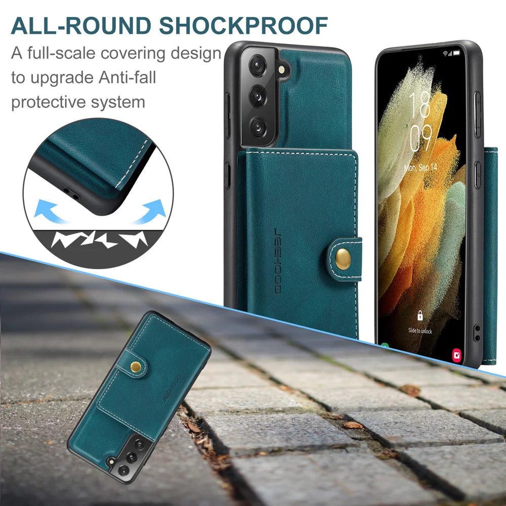 JEEHOOD For Samsung Galaxy S22+ 5G Case  J01 Retro Leather Phone Back Cover with Detachable Magnetic Card Holder - Blue - 5