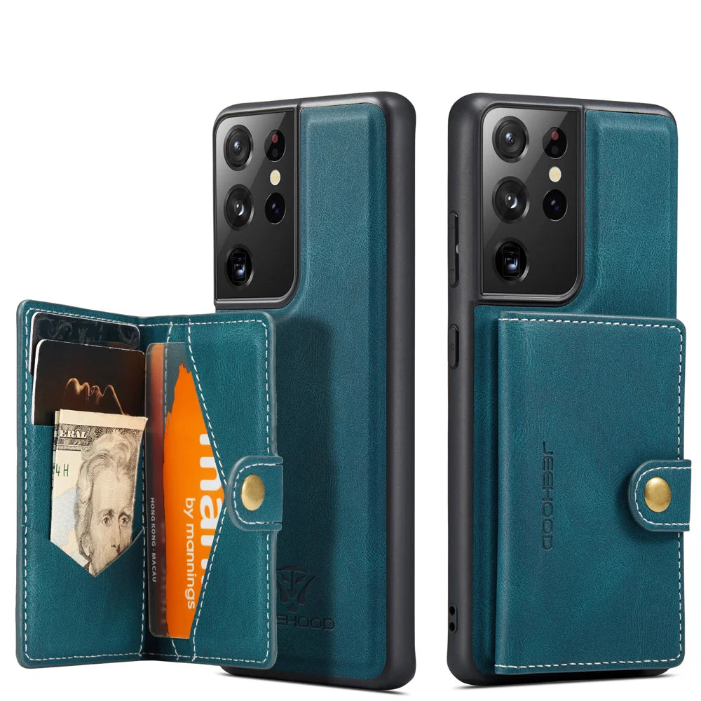JEEHOOD For Samsung Galaxy S21 Ultra 5G Case  J01 Retro Leather Phone Back Cover with Detachable Magnetic Card Holder - Blue - 2