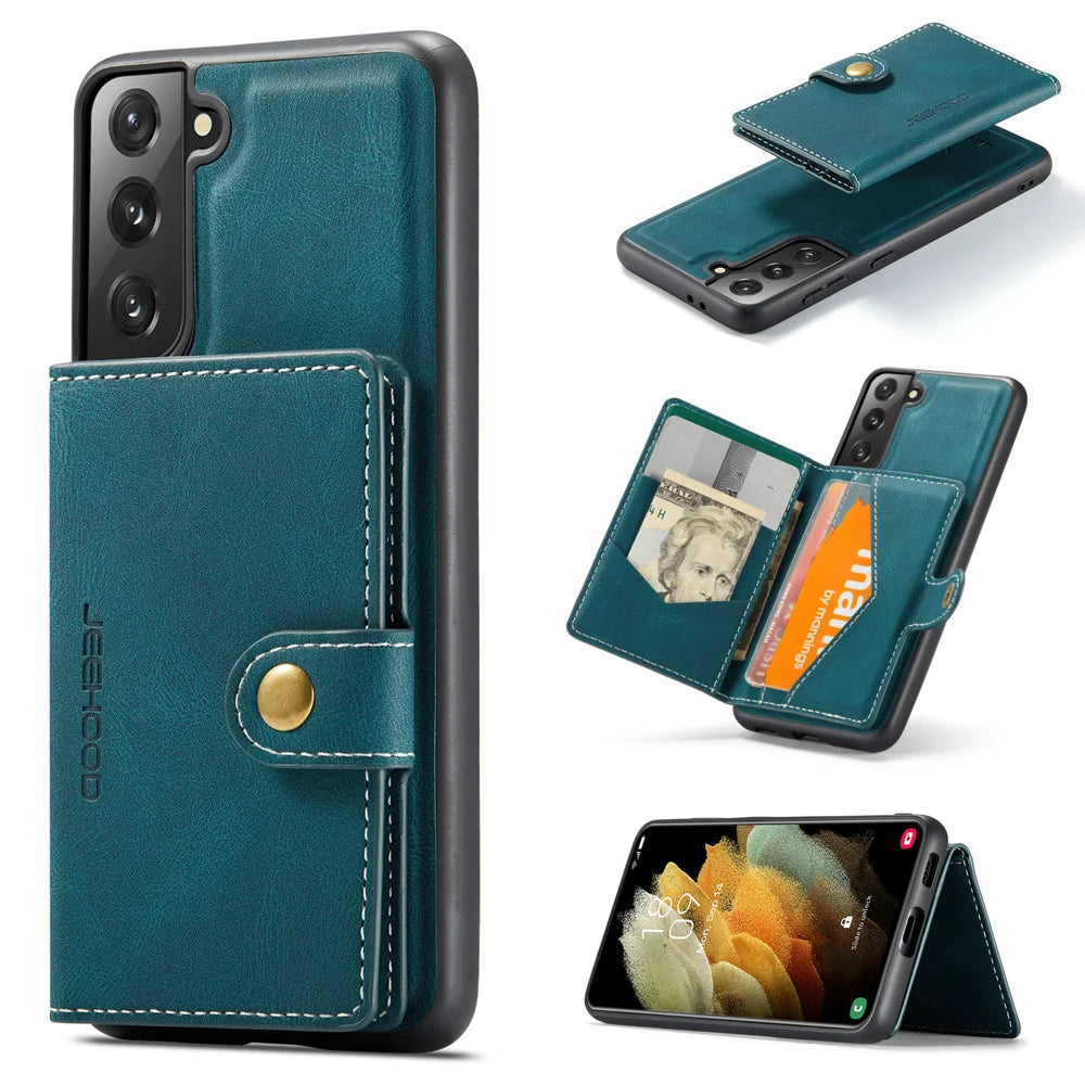 JEEHOOD For Samsung Galaxy S21+ 5G Case  J01 Retro Leather Phone Back Cover with Detachable Magnetic Card Holder - Blue - 1