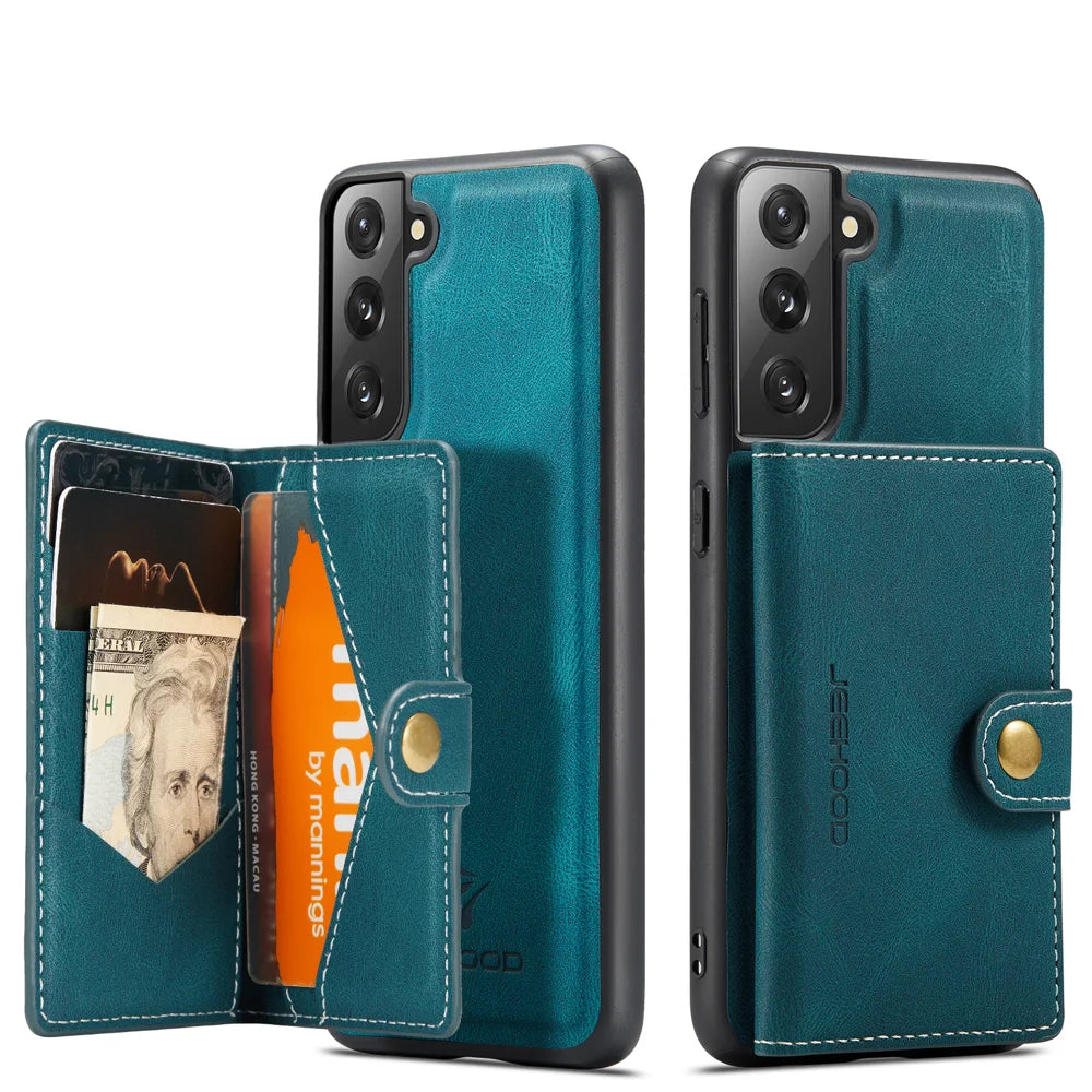 JEEHOOD For Samsung Galaxy S21+ 5G Case  J01 Retro Leather Phone Back Cover with Detachable Magnetic Card Holder - Blue - 2