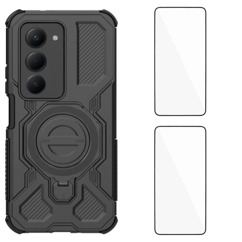 WANLONFENG For Xiaomi Redmi 15 4G (EU) (171mm) / Xiaomi Redmi 15 5G (EU) (171mm) Case Kickstand with 2Pcs Screen Film  KJ Series PC TPU Phone Cover (Big Lens Hole) - Black - 1