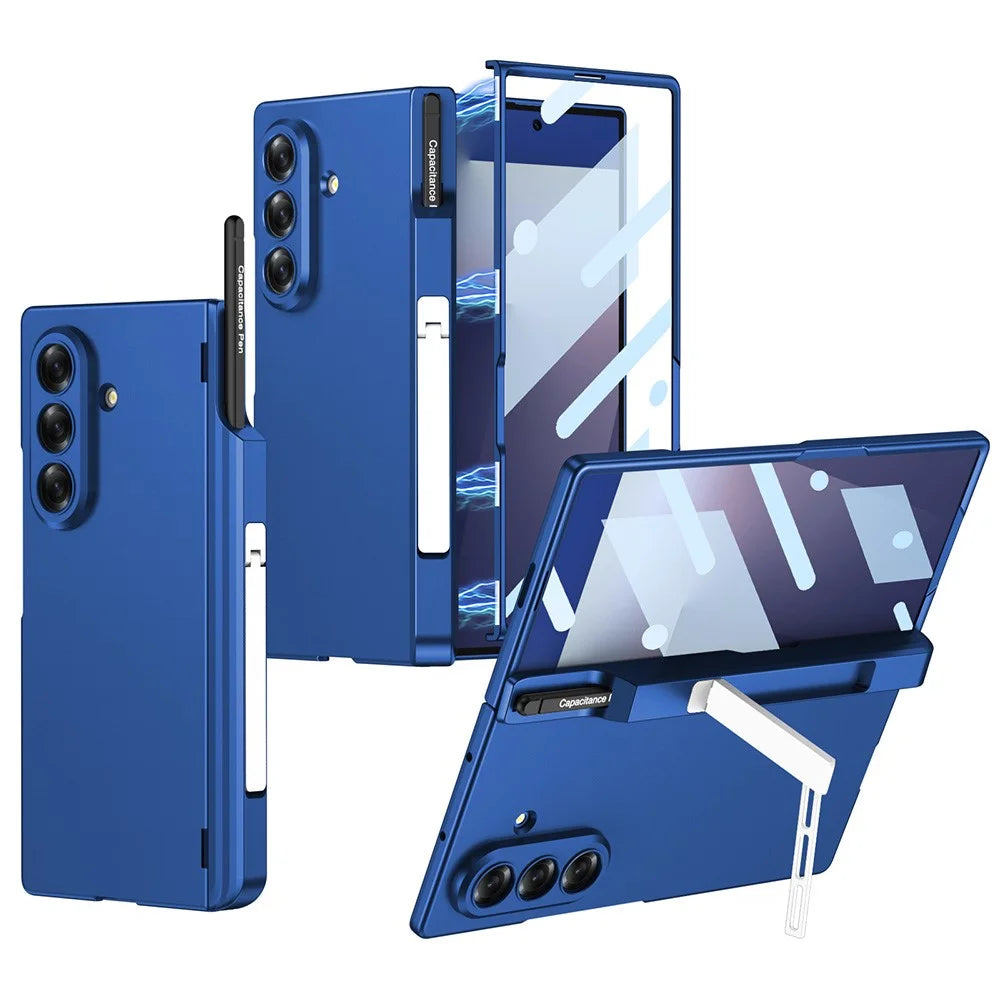 GKK For Samsung Galaxy Z Fold7 5G Case Kickstand Magnetic Hinge PC Phone Cover with Tempered Glass Film  /  Stylus - Blue - 1