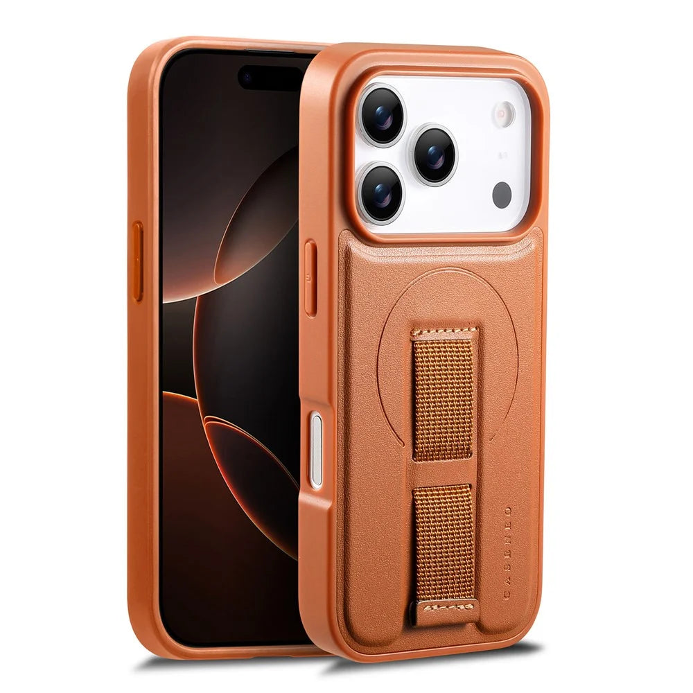 CASENEO For iPhone 17 Pro Magnetic Case Wristband PU Leather + PC Shockproof Phone Cover - Brown - 1