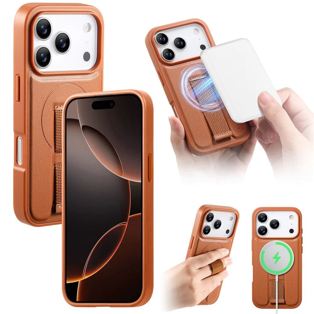CASENEO For iPhone 17 Pro Magnetic Case Wristband PU Leather + PC Shockproof Phone Cover - Brown - 2