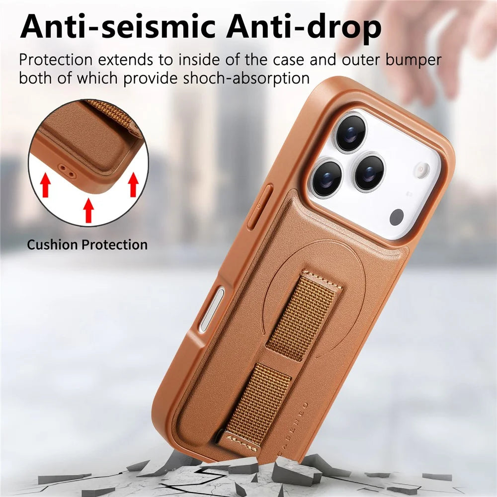 CASENEO For iPhone 17 Pro Magnetic Case Wristband PU Leather + PC Shockproof Phone Cover - Brown - 7