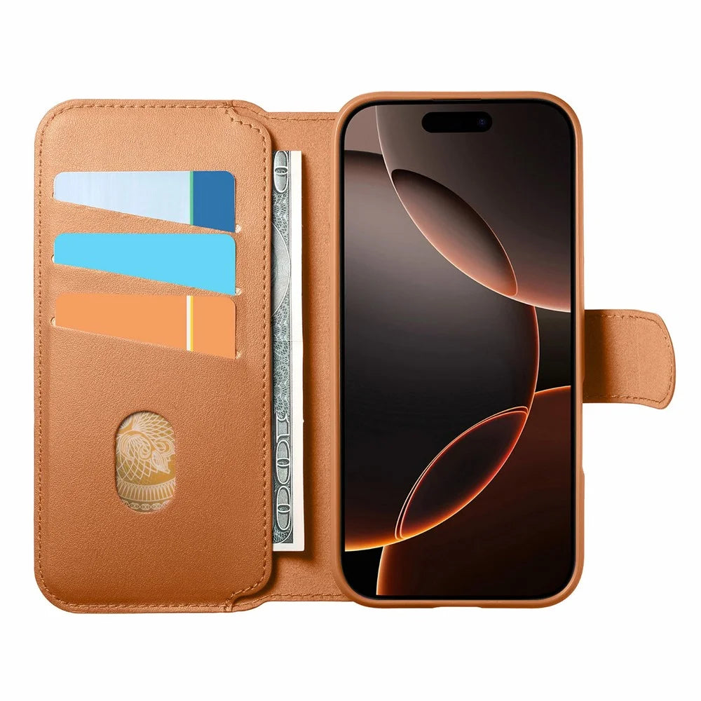 CASENEO For iPhone 18 Pro / 17 Pro Magnetic Case RFID Blocking Wallet Detachable Leather Phone Cover with Wristband - Brown - 2