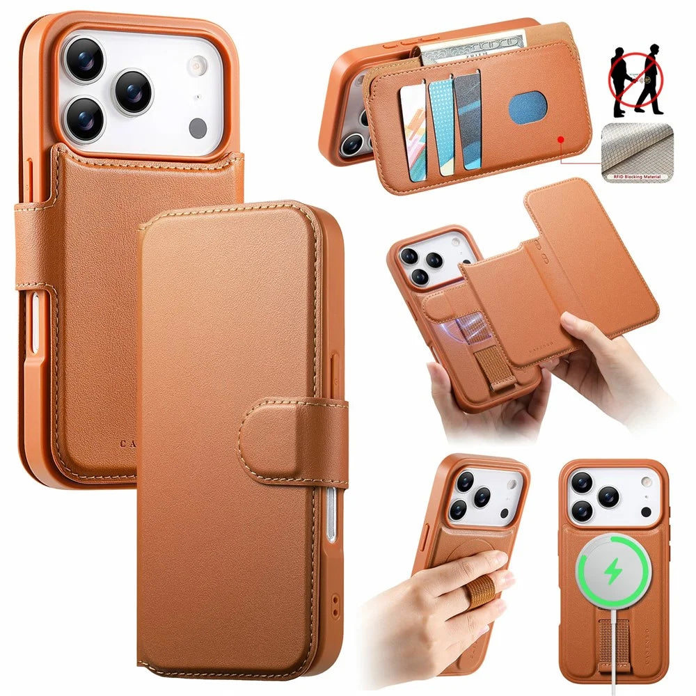 CASENEO For iPhone 18 Pro Max / 17 Pro Max Magnetic Case RFID Blocking Wallet Detachable Leather Phone Cover with Wristband - Brown - 1