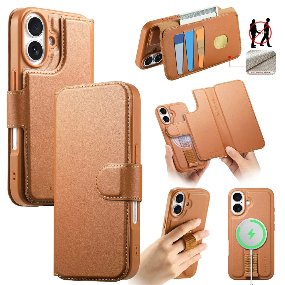 CASENEO For iPhone 17 Magnetic Case RFID Blocking Wallet Detachable Leather Phone Cover with Wristband - Brown - 1