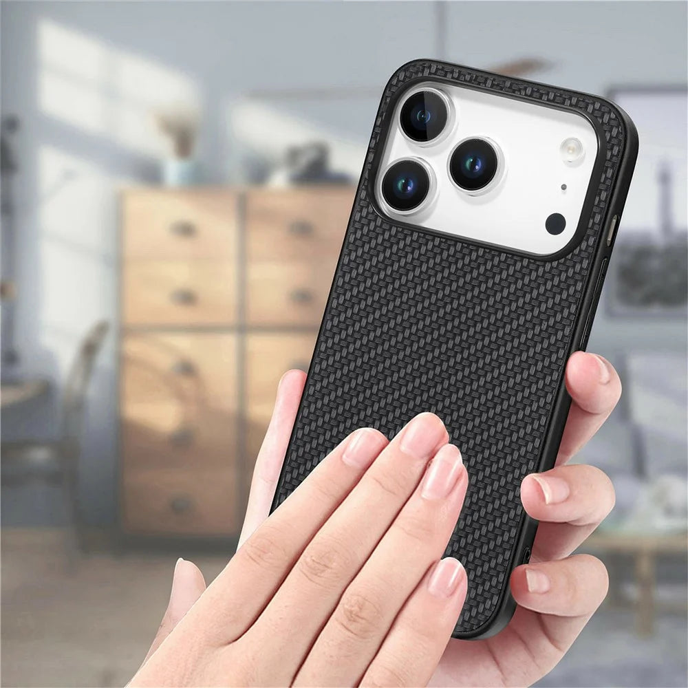 For iPhone 17 Pro Max Case Carbon Fiber Texture PU Leather + PC + TPU Phone Cover - Black - 6