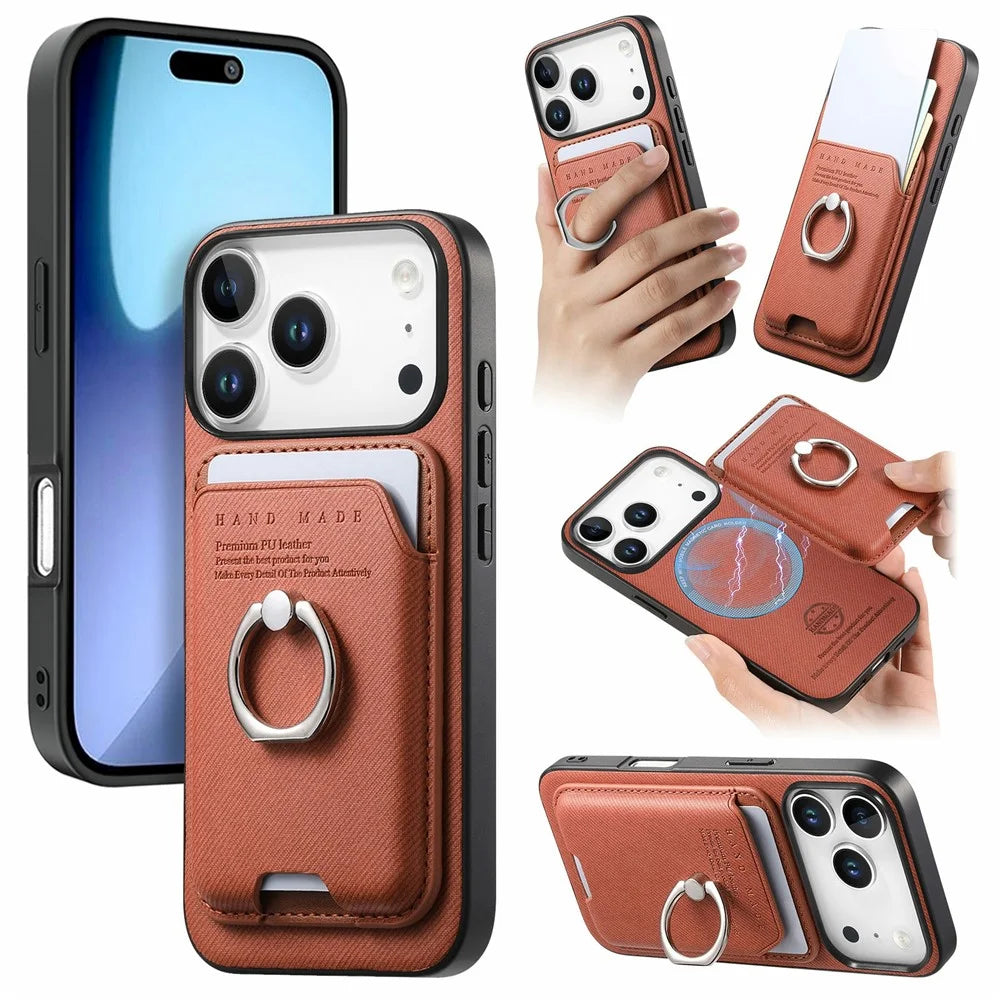 For iPhone 17 Pro Max Case Cloth Texture Leather + PC + TPU Phone Cover with Detachable Magnetic Ring Kickstand Card Holder - Brown - 1