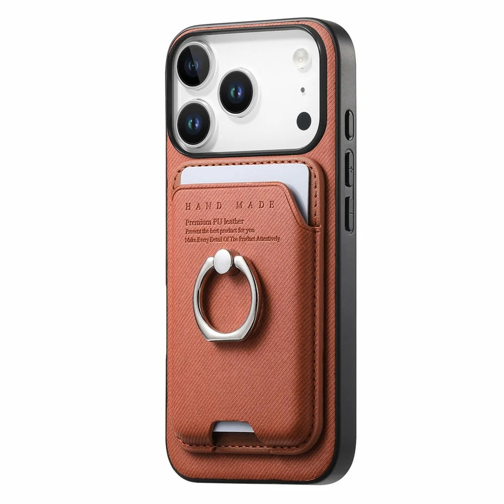 For iPhone 17 Pro Case Cloth Texture  Leather + PC + TPU Phone Cover with Detachable Magnetic Ring Kickstand Card Holder - Brown - 2