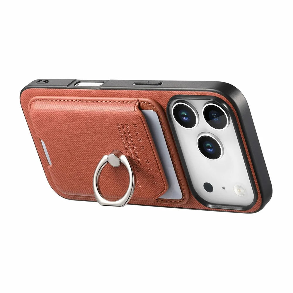 For iPhone 17 Pro Case Cloth Texture  Leather + PC + TPU Phone Cover with Detachable Magnetic Ring Kickstand Card Holder - Brown - 3
