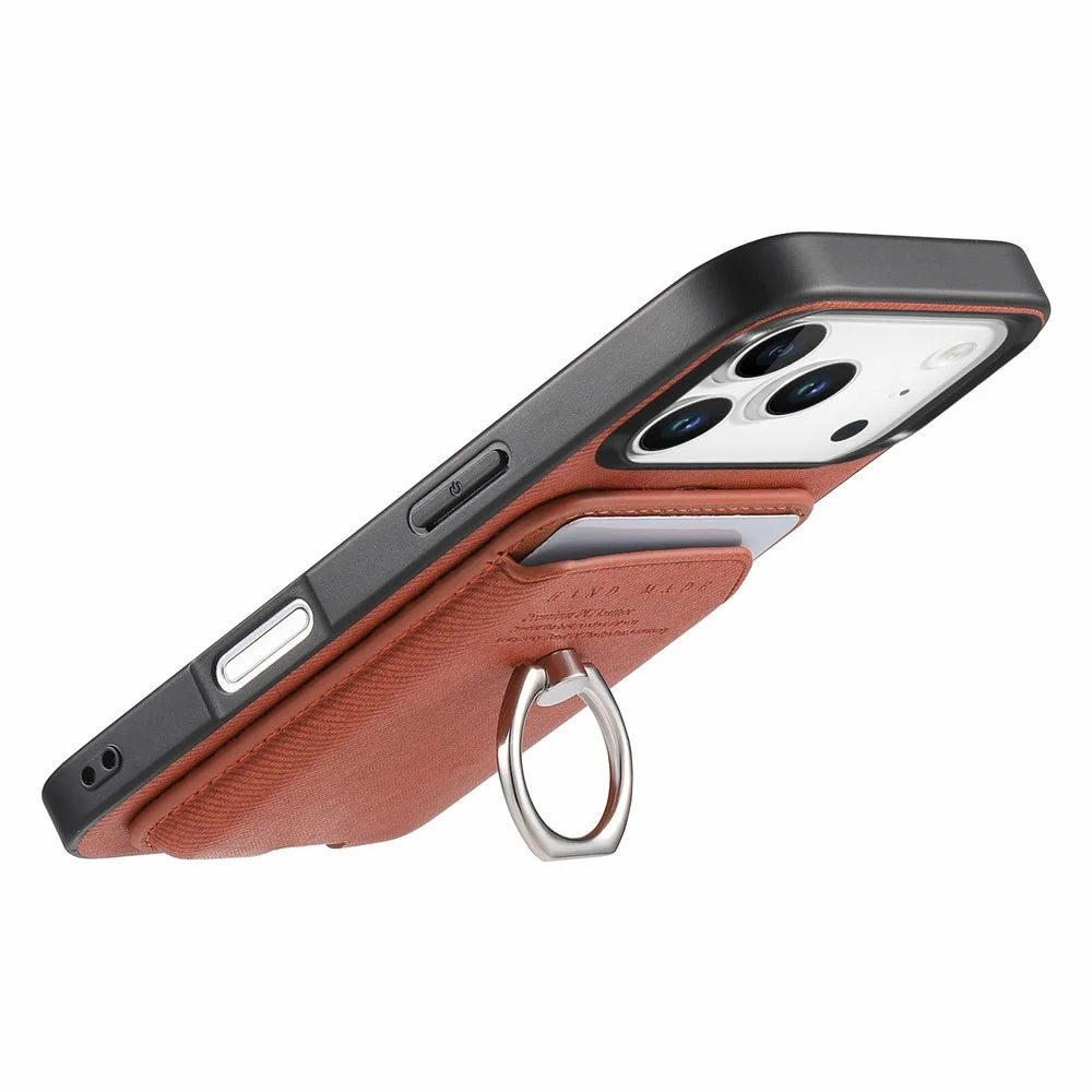 For iPhone 17 Pro Case Cloth Texture  Leather + PC + TPU Phone Cover with Detachable Magnetic Ring Kickstand Card Holder - Brown - 4
