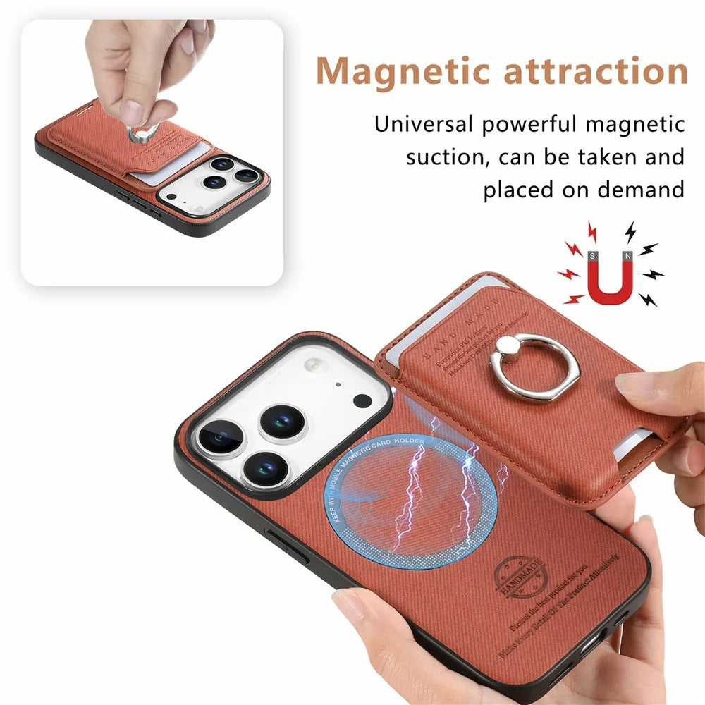 For iPhone 17 Pro Case Cloth Texture  Leather + PC + TPU Phone Cover with Detachable Magnetic Ring Kickstand Card Holder - Brown - 6