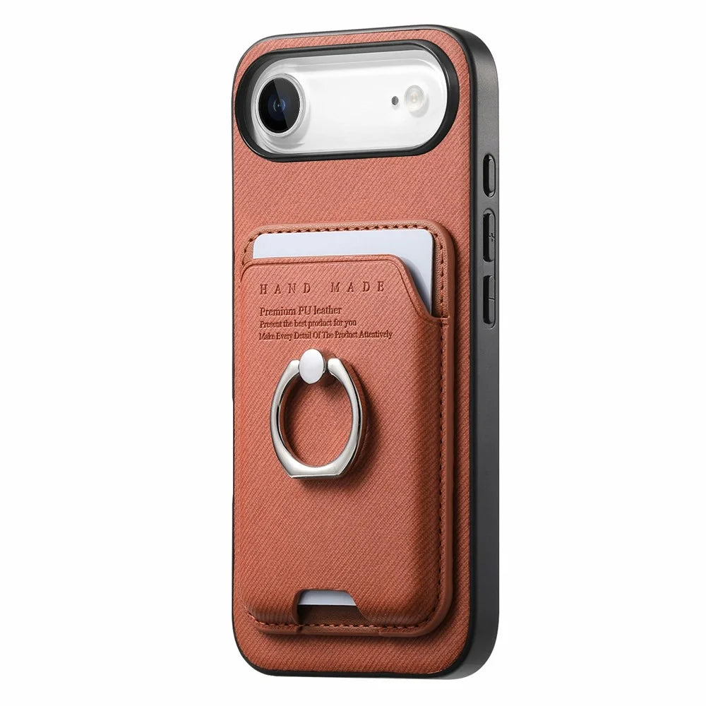 For iPhone Air Case Cloth Texture  Leather + PC + TPU Phone Cover with Detachable Magnetic Ring Kickstand Card Holder - Brown - 2