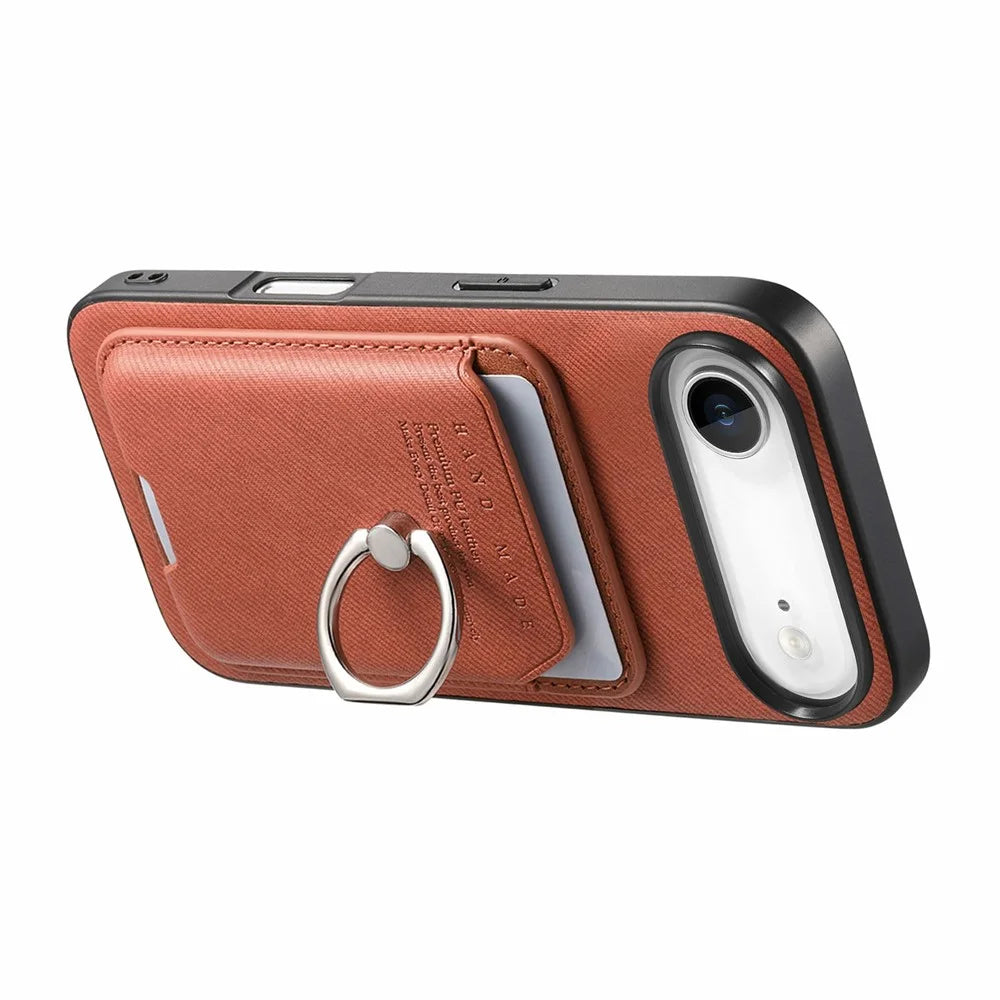 For iPhone Air Case Cloth Texture  Leather + PC + TPU Phone Cover with Detachable Magnetic Ring Kickstand Card Holder - Brown - 3