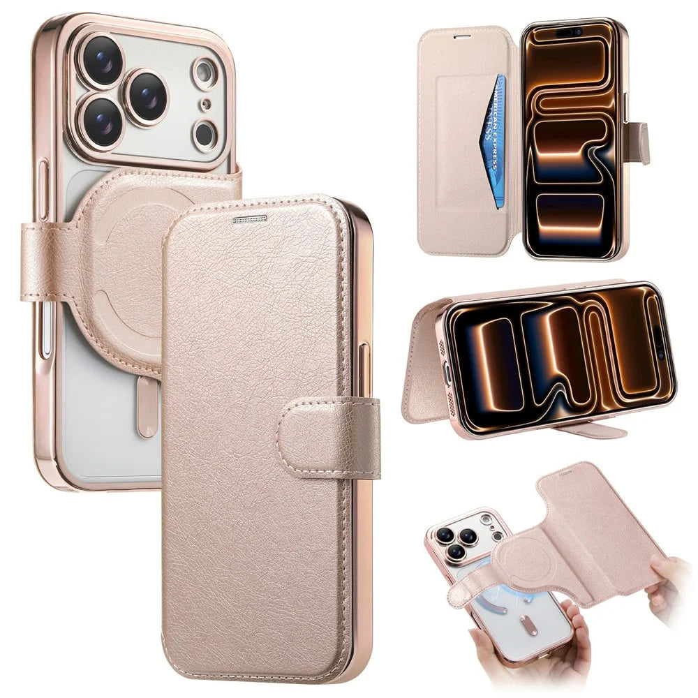 For iPhone 18 Pro Max / 17 Pro Max Case Compatible with MagSafe Detachable Leather Phone Cover with Lens Film - Rose Gold - 1