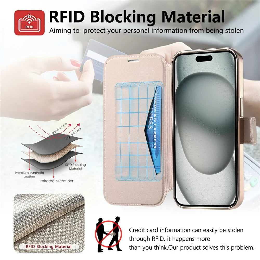 For iPhone 18 Pro / 17 Pro Case Compatible with MagSafe Detachable Leather Phone Cover with Lens Film - Rose Gold - 6