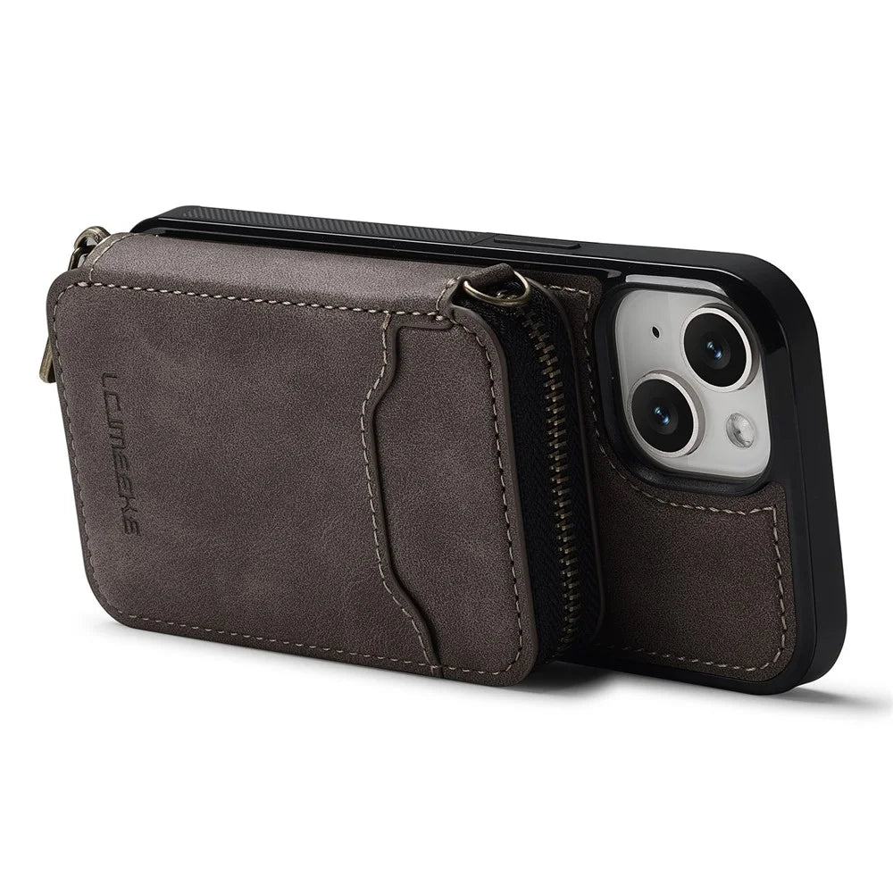 LC.IMEEKE L6 For iPhone 13 mini / 12 mini Magnetic Case Detachable Zipper Wallet Leather Coated PC + TPU Phone Cover - Coffee - 2