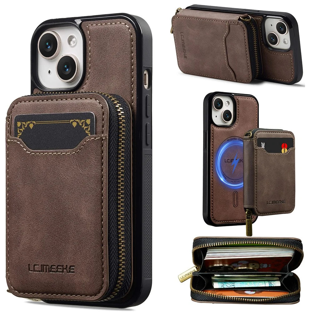 LC.IMEEKE L6 For iPhone 14 / 13 Magnetic Case Detachable Zipper Wallet Leather Coated PC + TPU Phone Cover - Coffee - 1