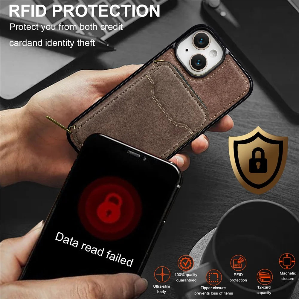 LC.IMEEKE L6 For iPhone 15 Magnetic Case Detachable Zipper Wallet Leather Coated PC + TPU Phone Cover - Coffee - 7