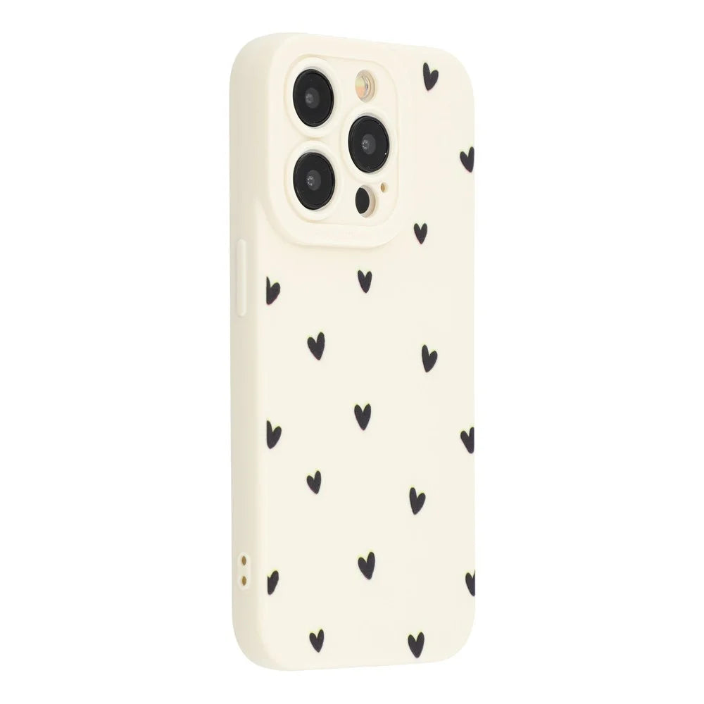 For iPhone 15 Pro Case Heart Pattern TPU Phone Back Cover - Antique White / Black Hearts - 1