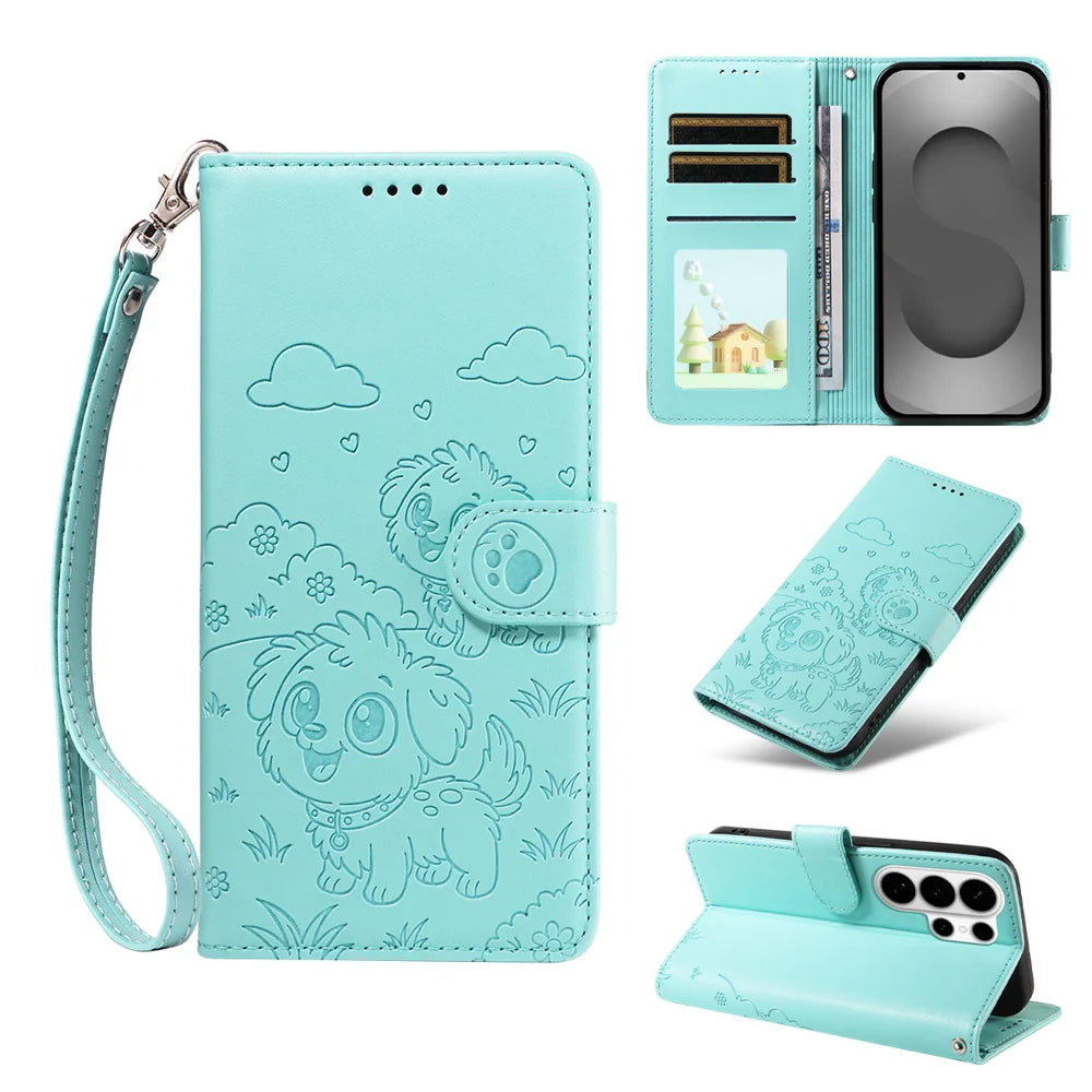For Samsung Galaxy S26 Ultra Case RFID Blocking Imprinted Dog Pattern PU Leather Phone Cover with Wrist Strap - Green - 2