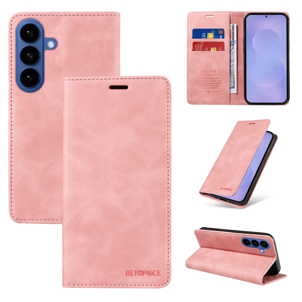 BETOPNICE For Samsung Galaxy S26 Case  Magnetic Closure RFID Blocking Wallet Stand Leather Phone Cover - Pink - 3