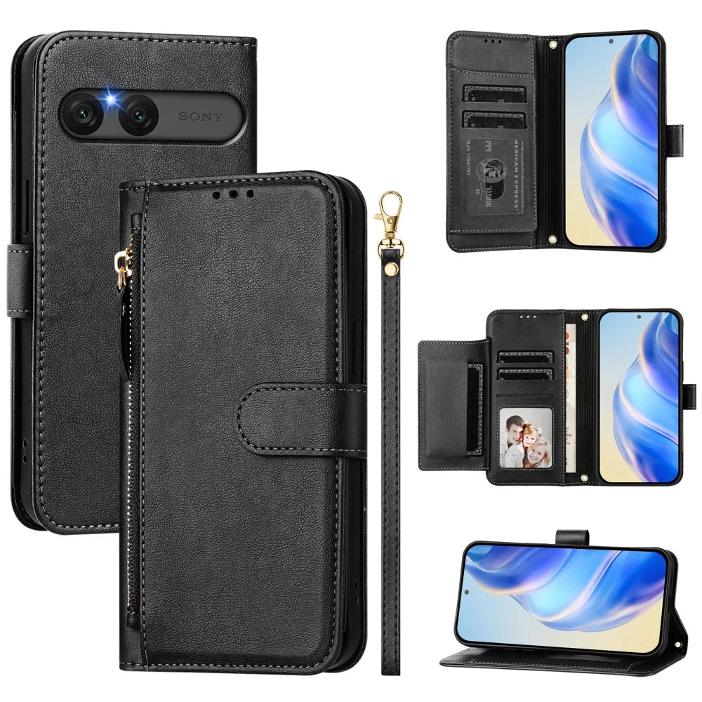 For Sony Xperia 10 VII Case Zipper Pocket Multiple Card Slots Leather Phone Cover - Black - 1